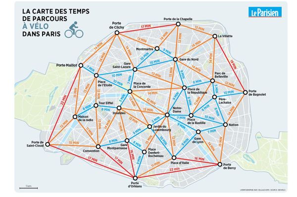 Carte des temps de parcours dans Paris à vélo - Le Parisien